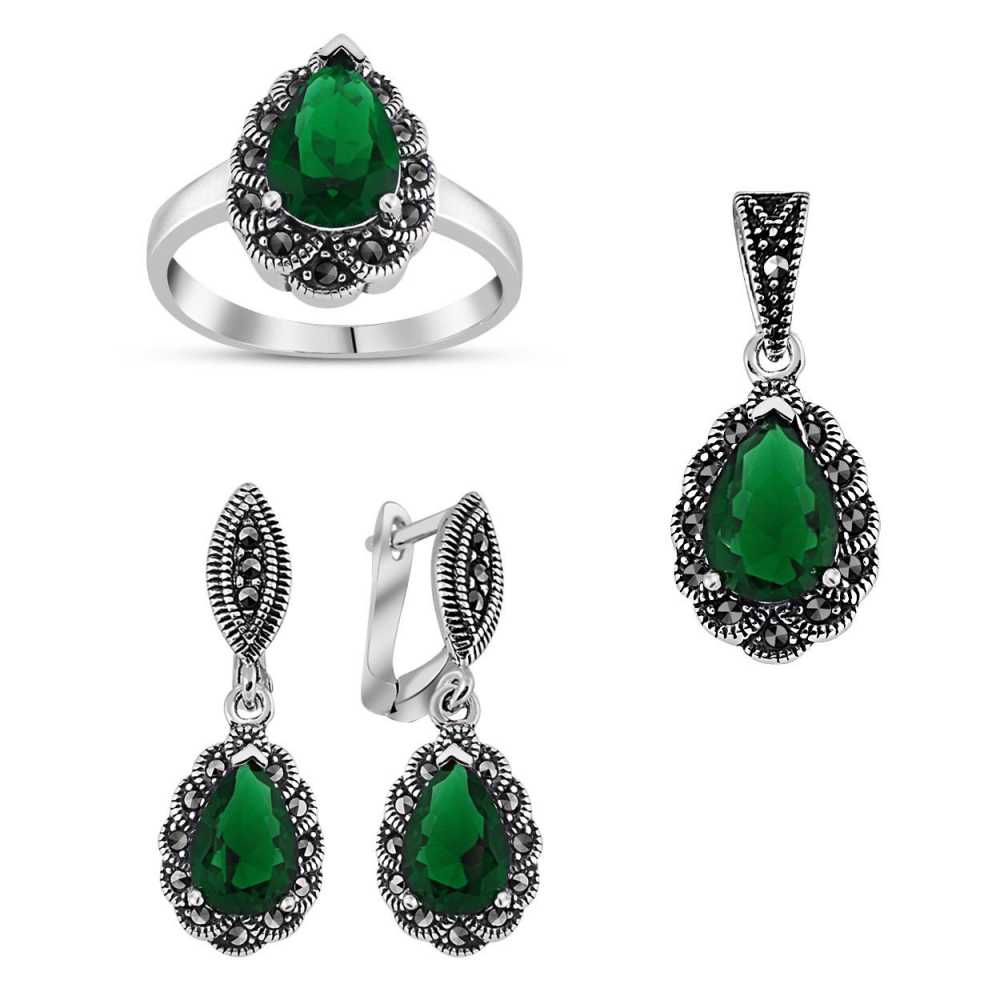 925 Ayar Gümüş Green Glass Taşlı Damla Model Set - 1