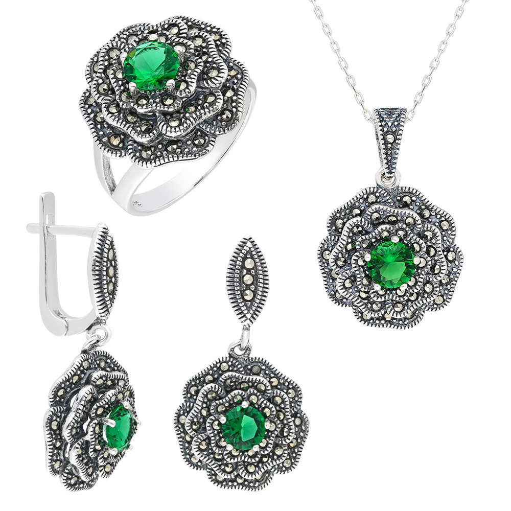 Yeşil Green Glass Taşlı Çiçek Tasarım 925 Ayar Gümüş 3'lü Takı Seti - 2