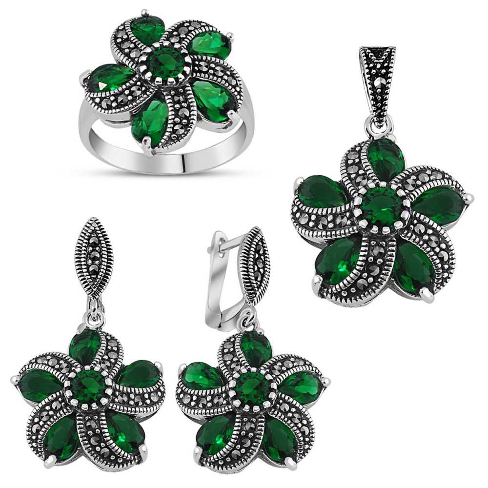 925 Ayar Gümüş Green Glass Taşlı Set 3 - 1