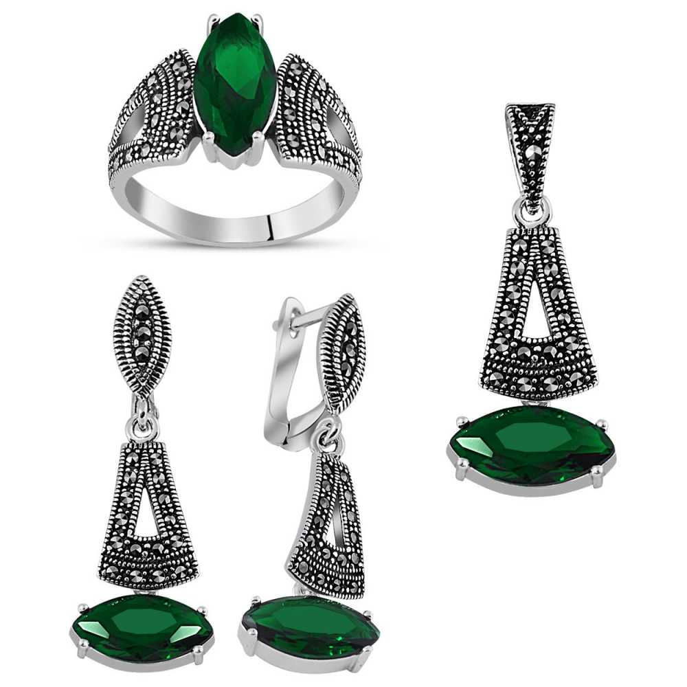 925 Ayar Gümüş Green Glass Taşlı Set 4 - 1