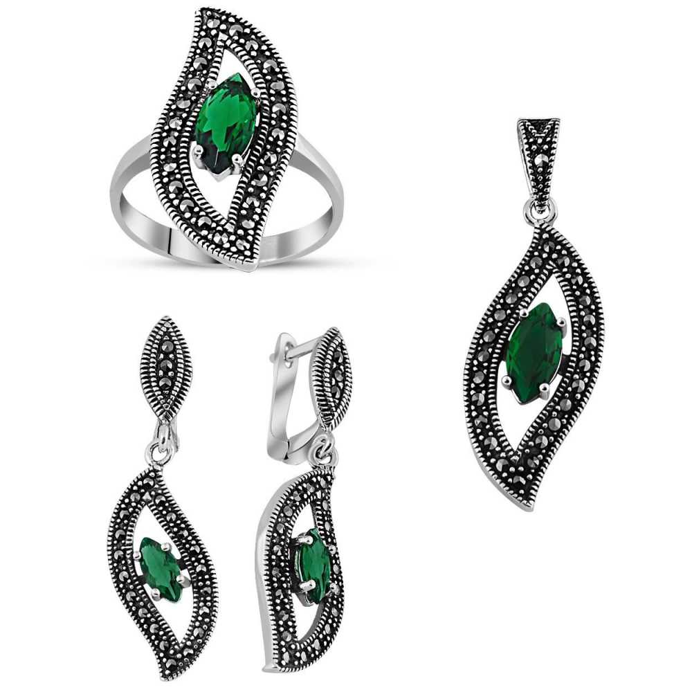 925 Ayar Gümüş Green Glass Taşlı Set 5 - 1