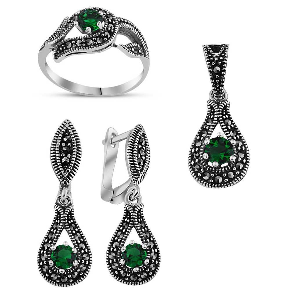 925 Ayar Gümüş Green Glass Taşlı Set-7 - 1