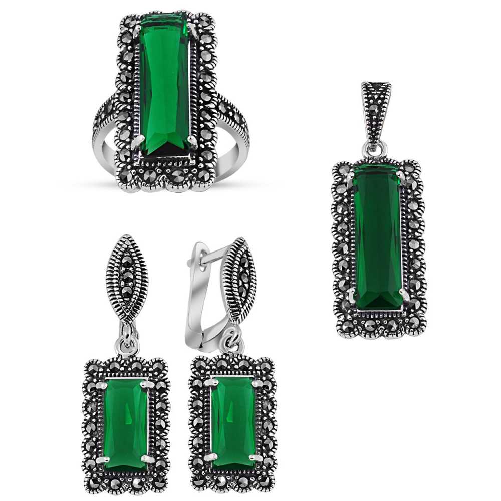 925 Ayar Gümüş Green Glass Taşlı Set - 1