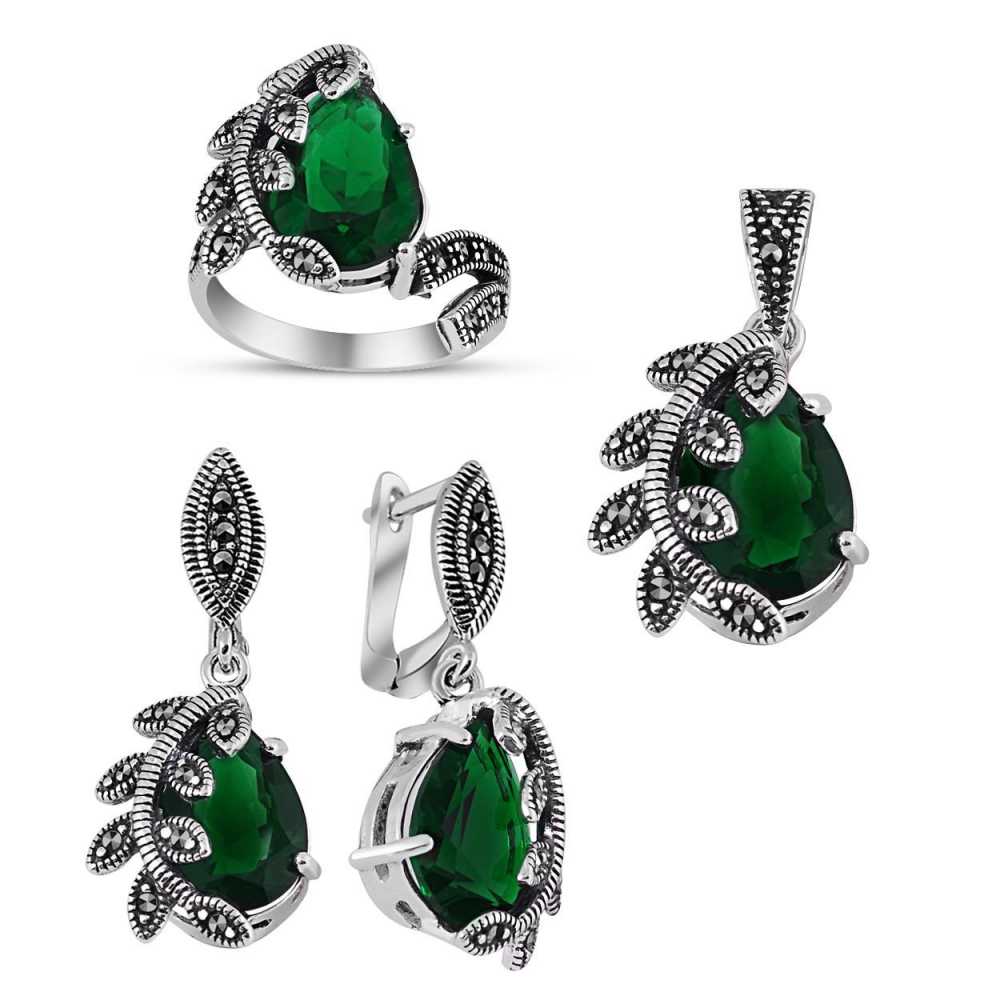 925 Ayar Gümüş Green Glass Taşlı Yaprak Model Set - 1