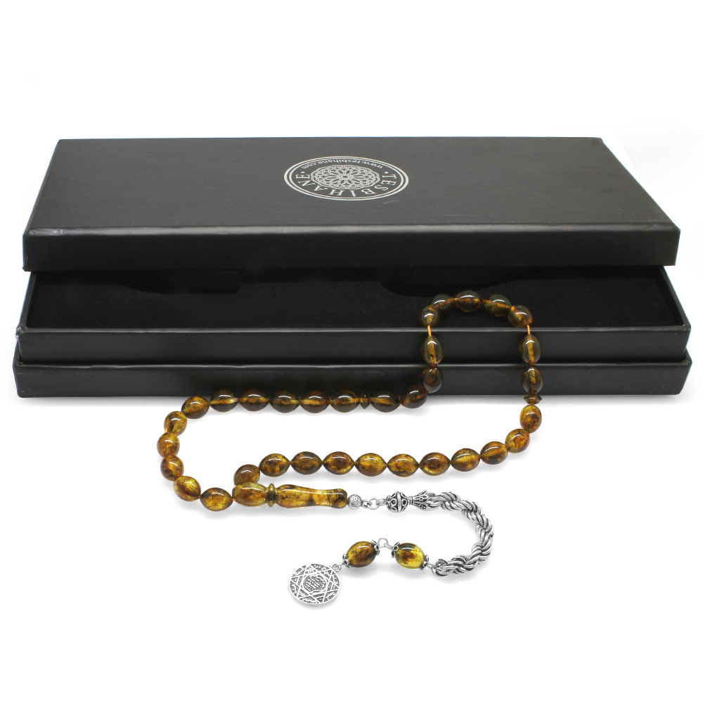 925 Ayar Gümüş Halat Püsküllü Arpa Kesim Hareli Sarı Damla Kehribar Tesbih - 2