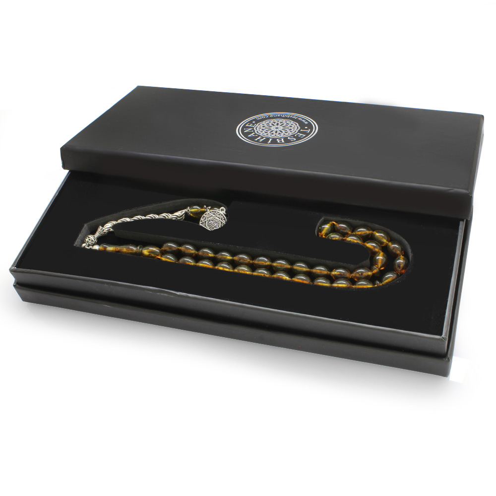 925 Ayar Gümüş Halat Püsküllü Arpa Kesim Hareli Sarı Damla Kehribar Tesbih - 3