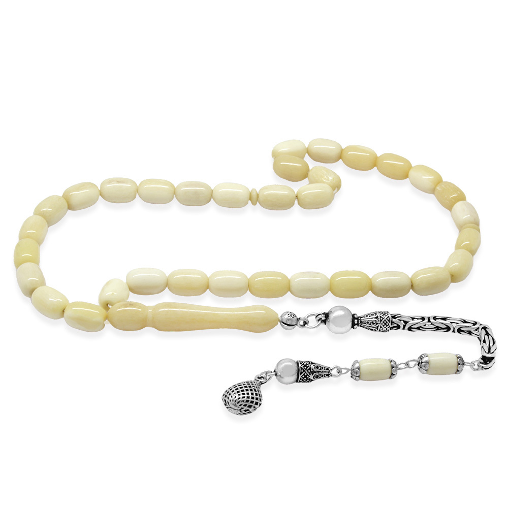 925 Ayar Gümüş Kral Püsküllü Kapsül Kesim Naturel Renk Deve Kemiği Tesbih - 2