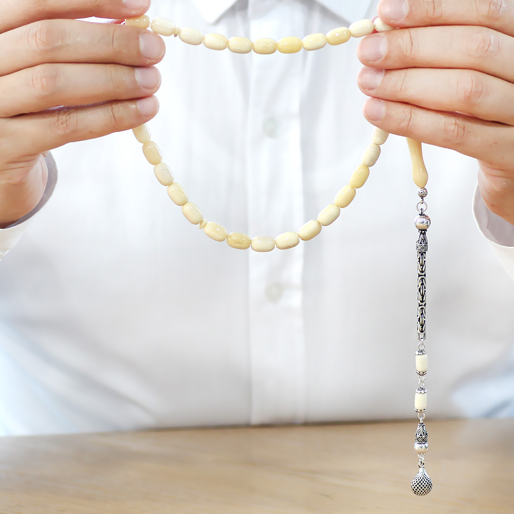 925 Ayar Gümüş Kral Püsküllü Kapsül Kesim Naturel Renk Deve Kemiği Tesbih - 4