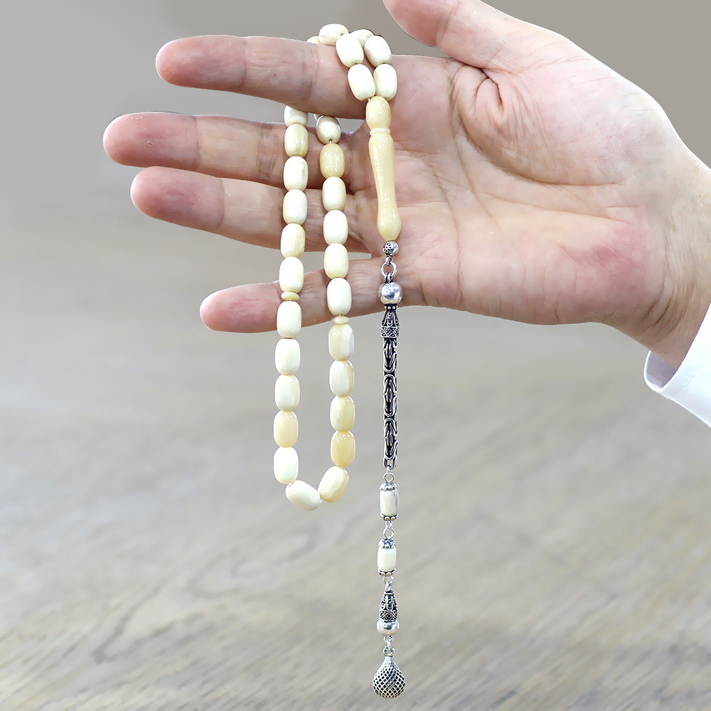 925 Ayar Gümüş Kral Püsküllü Kapsül Kesim Naturel Renk Deve Kemiği Tesbih - 3