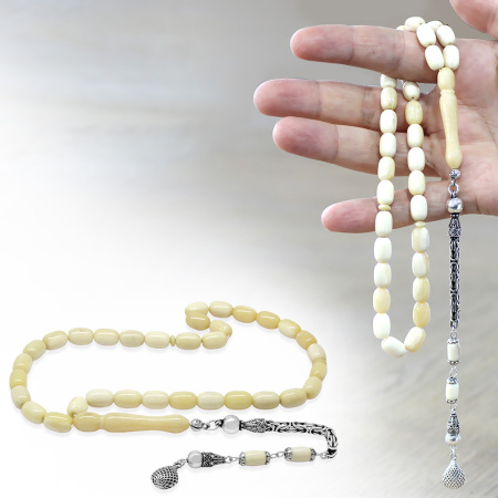 925 Ayar Gümüş Kral Püsküllü Kapsül Kesim Naturel Renk Deve Kemiği Tesbih - Tesbihane