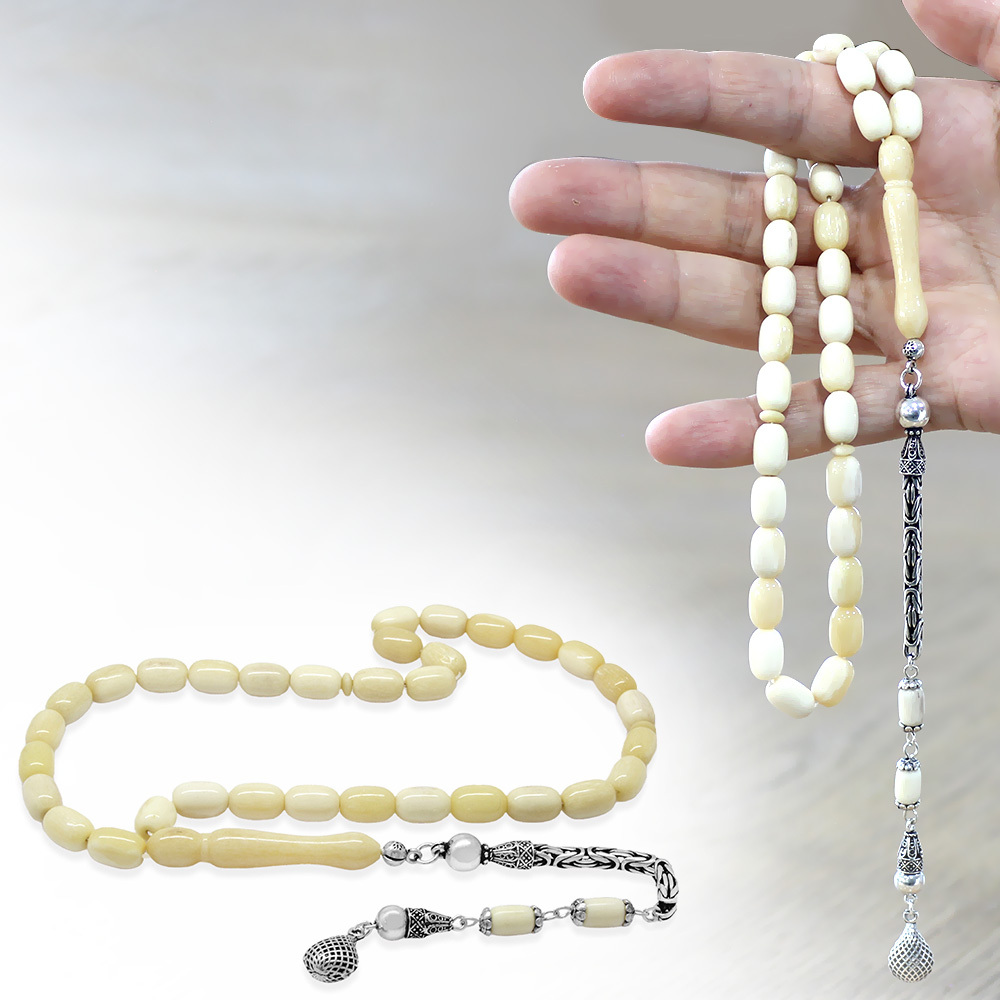 925 Ayar Gümüş Kral Püsküllü Kapsül Kesim Naturel Renk Deve Kemiği Tesbih - 1