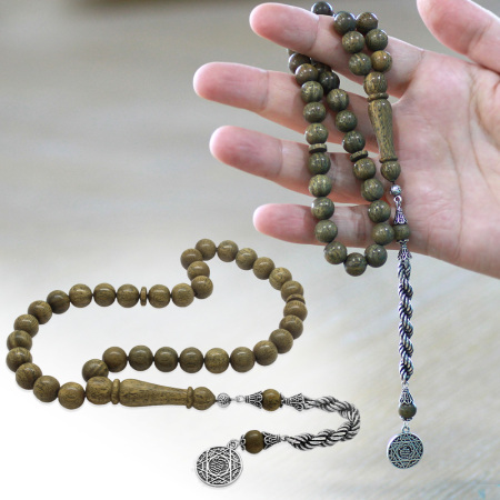 925 Ayar Gümüş Halat Püsküllü Küre Kesim Açık Kahverengi Pelesenk Tesbih - Tesbihane