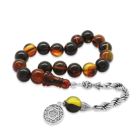 925 Ayar Gümüş Halat Püsküllü Küre Kesim Bala Siyah Ateş Kehribar Tesbih - Tesbihane