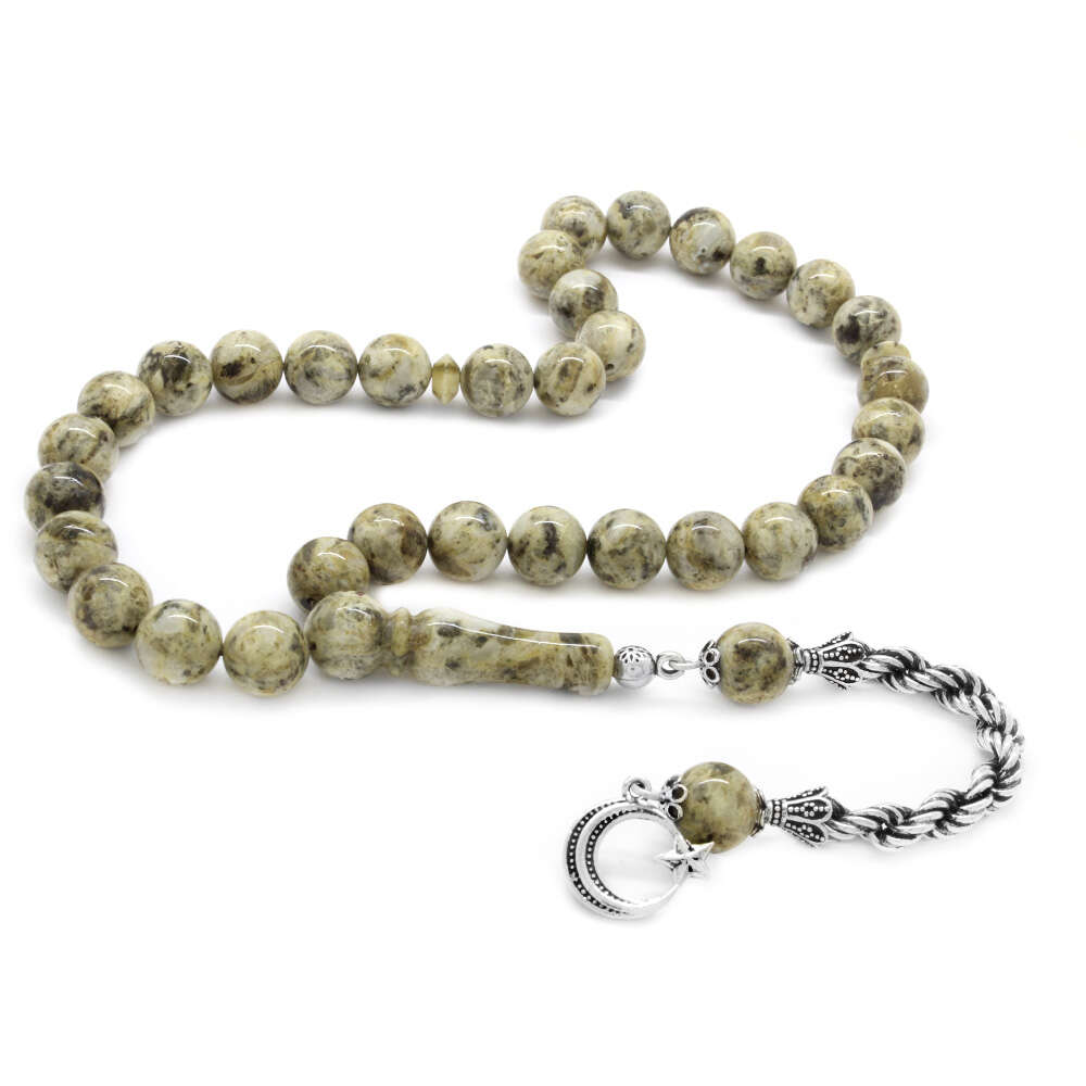 925 Ayar Gümüş Halat Püsküllü Küre Kesim Dalmaçya Damla Kehribar Tesbih - 1