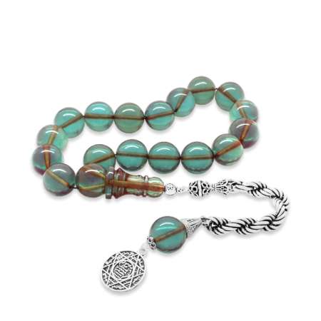 925 Ayar Gümüş Halat Püsküllü Küre Kesim Su Mavi Ateş Kehribar Tesbih - Tesbihane