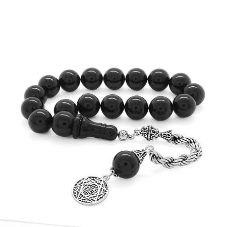 925 Ayar Gümüş Halat Püsküllü Siyah Sıkma Kehribar Efe Tesbih - Tesbihane