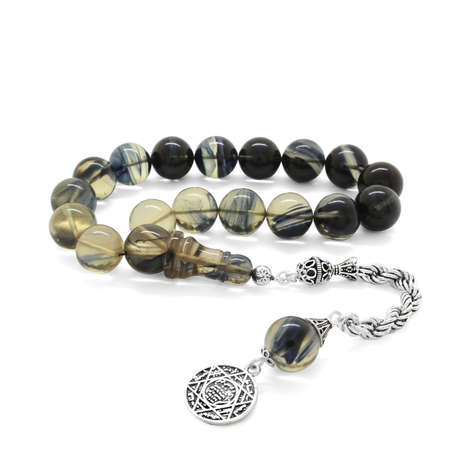 925 Ayar Gümüş Halat Püsküllü Süzme Siyah Beyaz Ateş Kehribar Efe Tesbih - Tesbihane