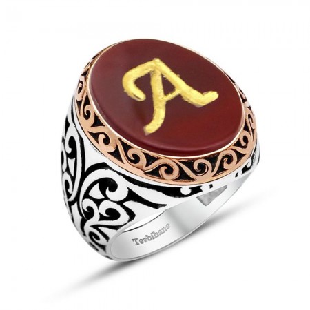 925 Ayar Gümüş Harf Ve İsim Yazılı El İşçiliği Akik Taşlı Yüzük - Tesbihane