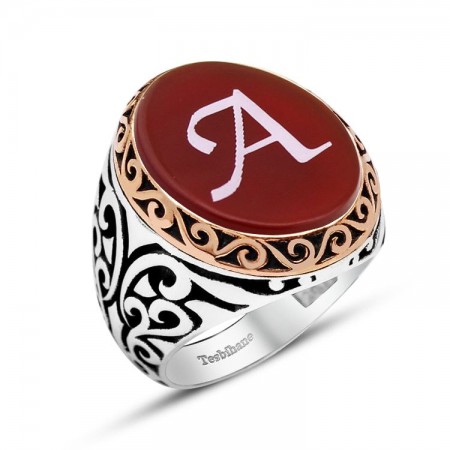 925 Ayar Gümüş Harf ve İsim Yazılı Özel Tasarım Akik Taşlı Yüzük - Tesbihane