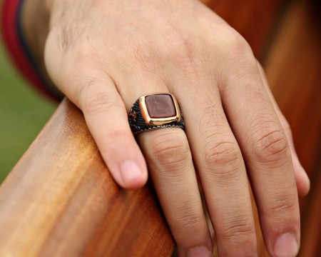 925 Ayar Gümüş İki Yanı Tuğralı Akik Taşlı Yüzük - STOKYOK