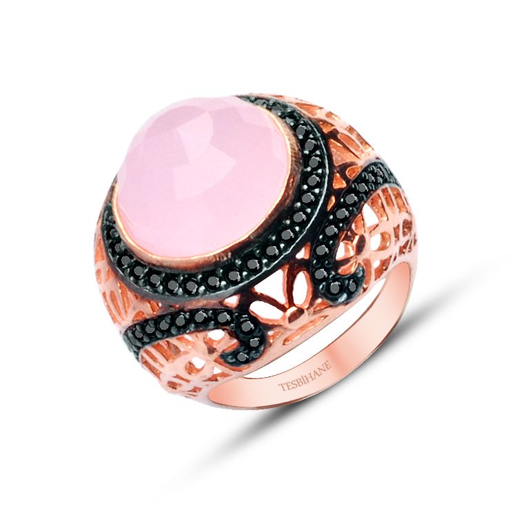 925 Ayar Gümüş İnce Siyah ve Pembe Zirkon Taşlı Rose Yüzük - 1