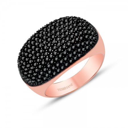 925 Ayar Gümüş İnce Siyah Zirkon Taşlı Rose Yüzük - Tesbihane