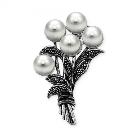 925 Ayar Gümüş İnci Buket Broş - Tesbihane