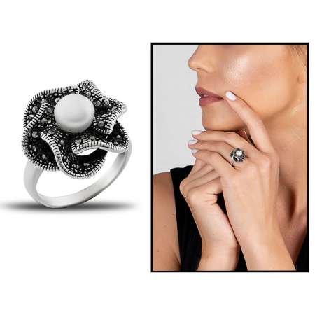 925 Ayar Gümüş İnci Taşlı Çiçek Yüzük (Model-2) - STOKYOK