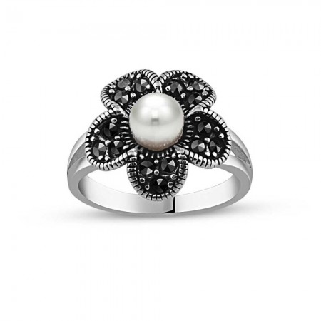925 Ayar Gümüş İnci Taşlı Çiçek Yüzük - Tesbihane