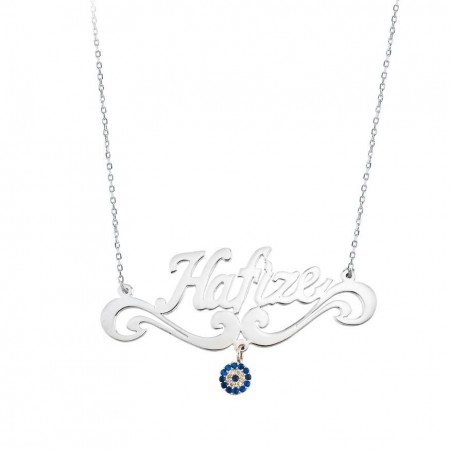 Nazar Boncuklu Kişiye Özel İsim Yazılı 925 Ayar Gümüş Bayan Kolye - Tesbihane