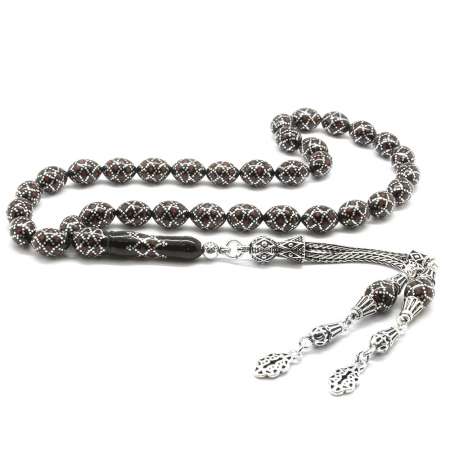 925 Ayar Gümüş Püsküllü Gümüş Mercan İşlemeli Arpa Kesim Erzurum Oltu Taşı Tesbih - M1 - Tesbihane