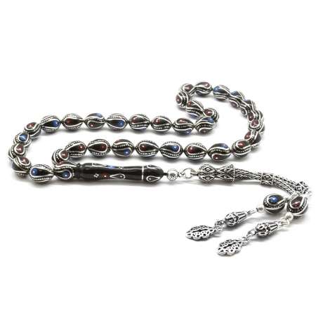 925 Ayar Gümüş Püsküllü Gümüş Firuze Mercan Arpa Kesim Erzurum Oltu Tesbih - M1 - Tesbihane