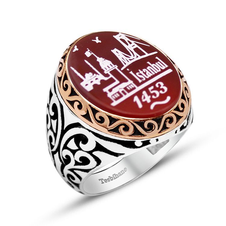 925 Ayar Gümüş İstanbul 1453 Desenli Akik Taşlı Yüzük - 1