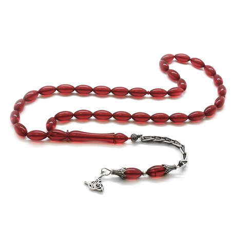 925 Ayar Gümüş Kafes Püsküllü Arpa Kesim Ufak Boy Kırmızı Ateş Kehribar Tesbih - Tesbihane