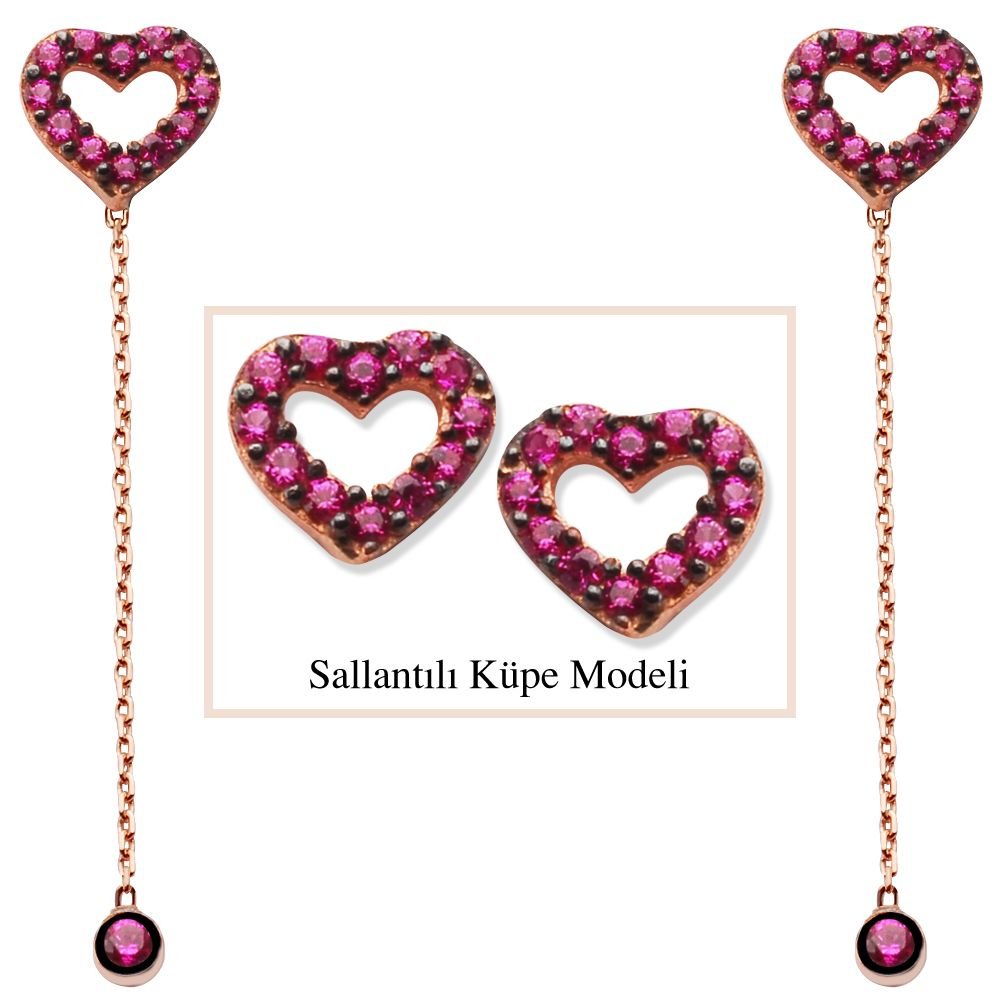 925 Ayar Gümüş Kalp Model Japon Sallantılı Küpe (SRD00193) - 1