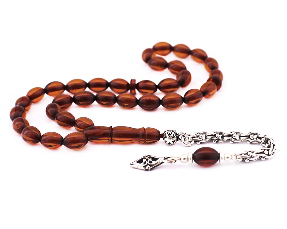 925 Ayar Gümüş Kamçı Püsküllü Damla Kehribar Bilek Boy Tesbih (Model-2) - 1