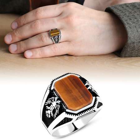 Çift Kartal İşlemeli Kaplan Gözü Taşlı 925 Ayar Gümüş Erkek Yüzük - Tesbihane