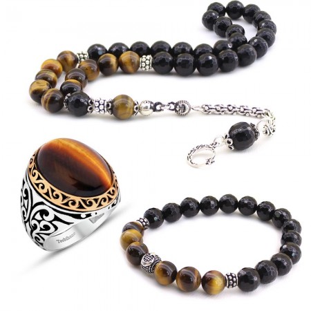 925 Ayar Gümüş Kaplan Gözü ve Oniks Taşlı Tesbih - Bileklik - Yüzük Kombini - Tesbihane