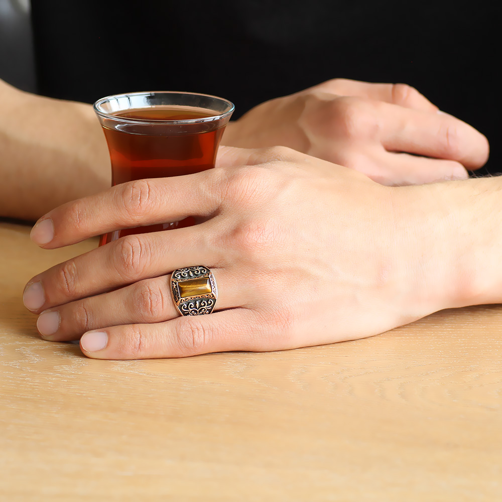 Motifli Kaplangözü Taşlı 925 Ayar Gümüş Erkek Yüzük - 2