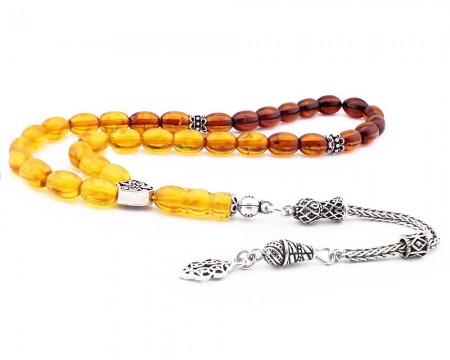 925 Ayar Gümüş Kapsül Kesim Pres Kehribar Tesbih - Tesbihane