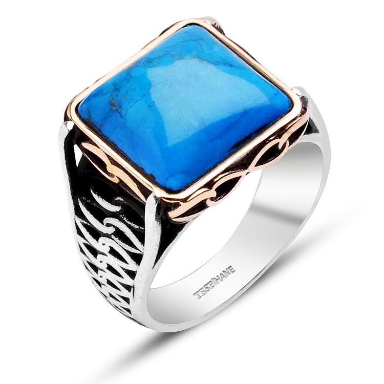 925 Ayar Gümüş Kare Model Turkuaz Taşlı Yüzük - 1