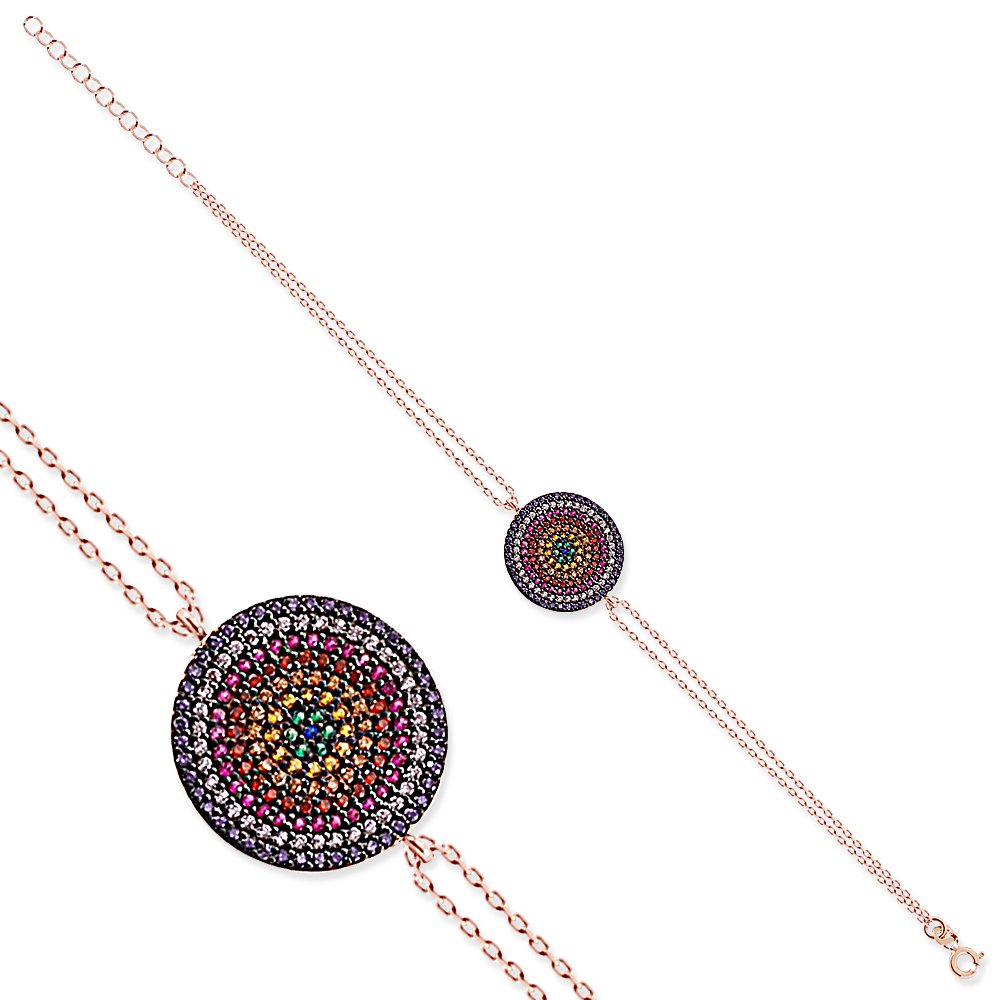 Renkli Zirkon Taşlı Yuvarlak Tasarım 925 Ayar Gümüş Bayan Bileklik - 4