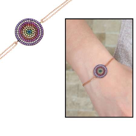 Renkli Zirkon Taşlı Yuvarlak Tasarım 925 Ayar Gümüş Bayan Bileklik - Tesbihane