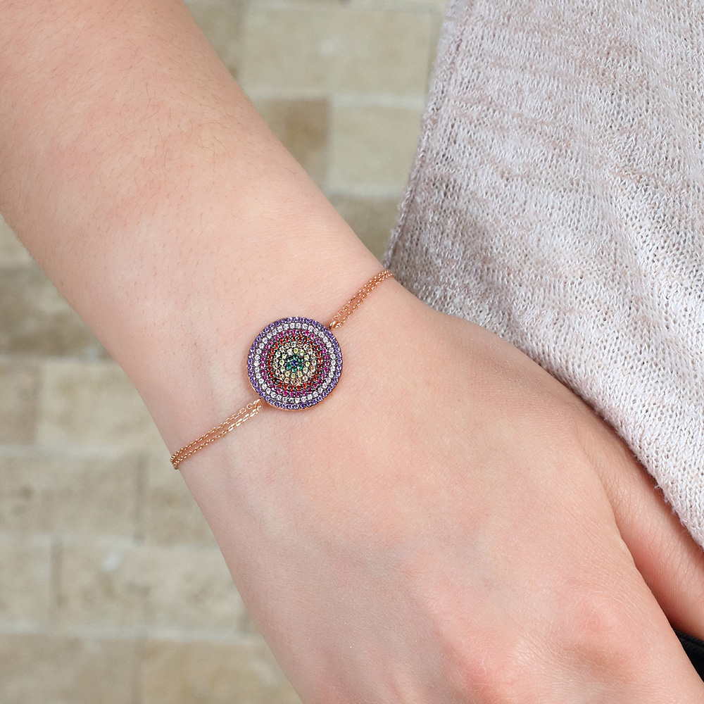 Renkli Zirkon Taşlı Yuvarlak Tasarım 925 Ayar Gümüş Bayan Bileklik - 2