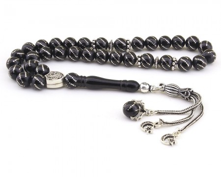 925 Ayar Gümüş Pençe Püsküllü Gümüş işlemeli Erzurum Oltu Taşı Tesbih - Tesbihane