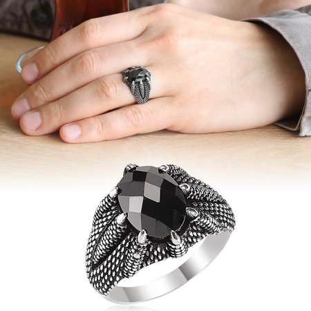 Kartal Pençesi İşlemeli Siyah Zirkon Taşlı 925 Ayar Gümüş Erkek Yüzük - Tesbihane