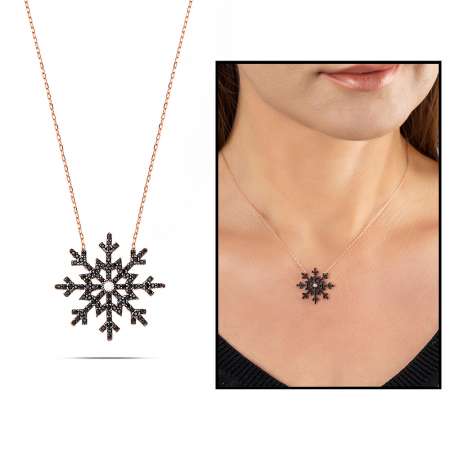 Siyah Zirkon Taşlı Kar Tanesi Tasarım 925 Ayar Gümüş Bayan Kolye - Tesbihane