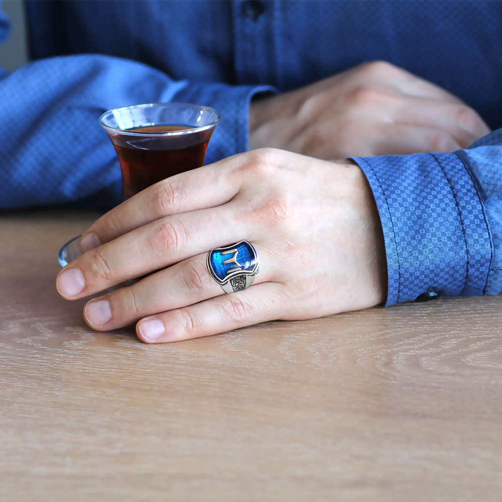 Özel Tasarım Kayı Boyu Motifli Mineli 925 Ayar Gümüş Erkek Yüzük - 2
