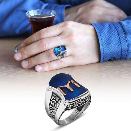 Özel Tasarım Kayı Boyu Motifli Mineli 925 Ayar Gümüş Erkek Yüzük - Tesbihane