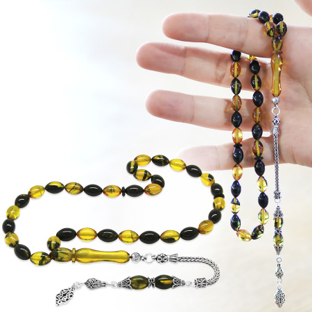 925 Ayar Gümüş Püsküllü Arpa Kesim Sarı Siyah Ateş Kehribar Tesbih - Tesbihane